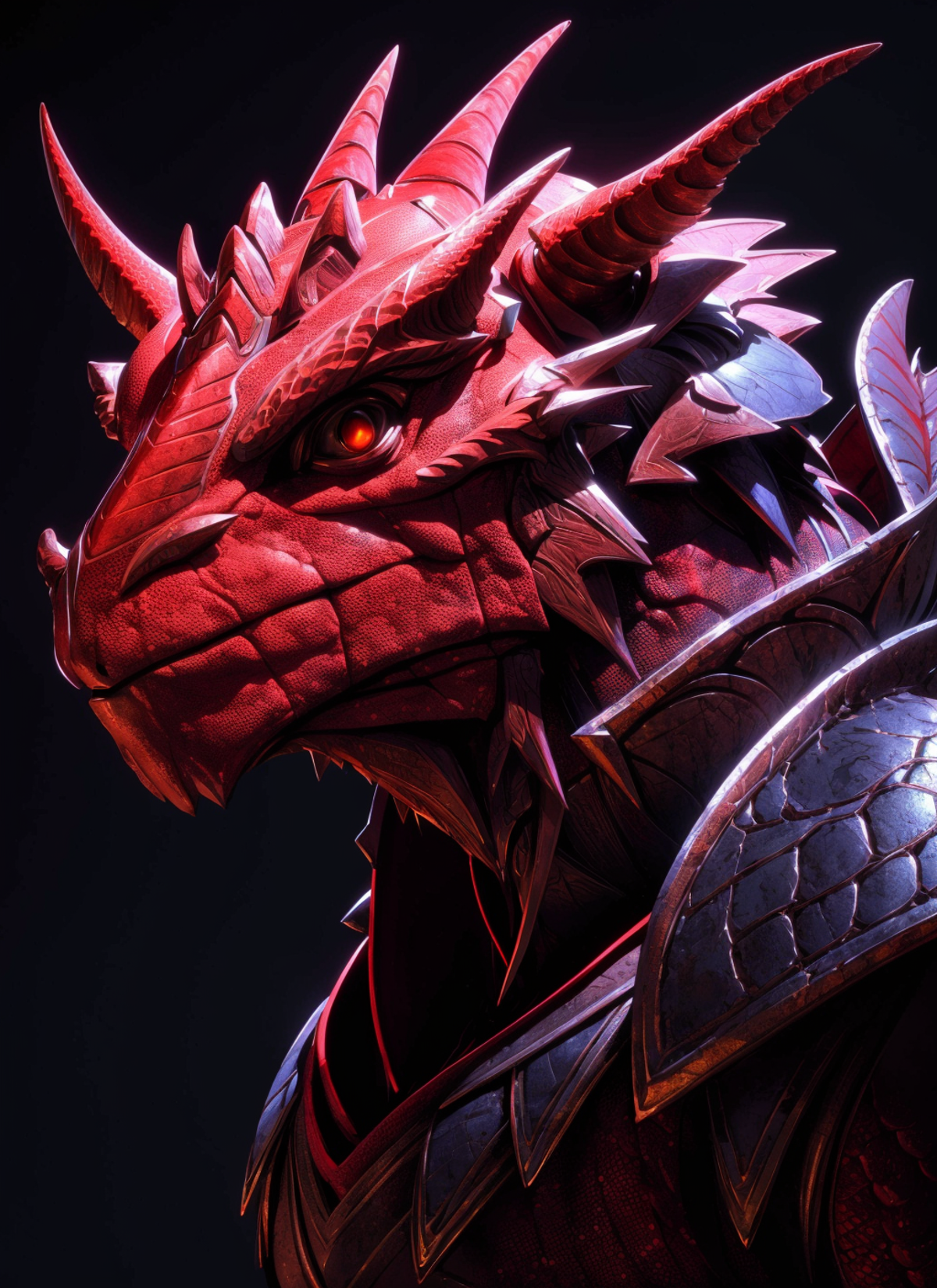 red dragonborn, male, horns, solo, scales, armor, tail, shoulder armor, pauldrons, portrait, closed mouth, black backgroun...